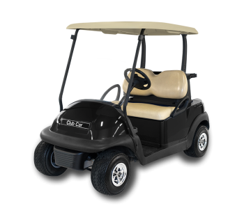 Black cart with beige canopy and seats, no windshield